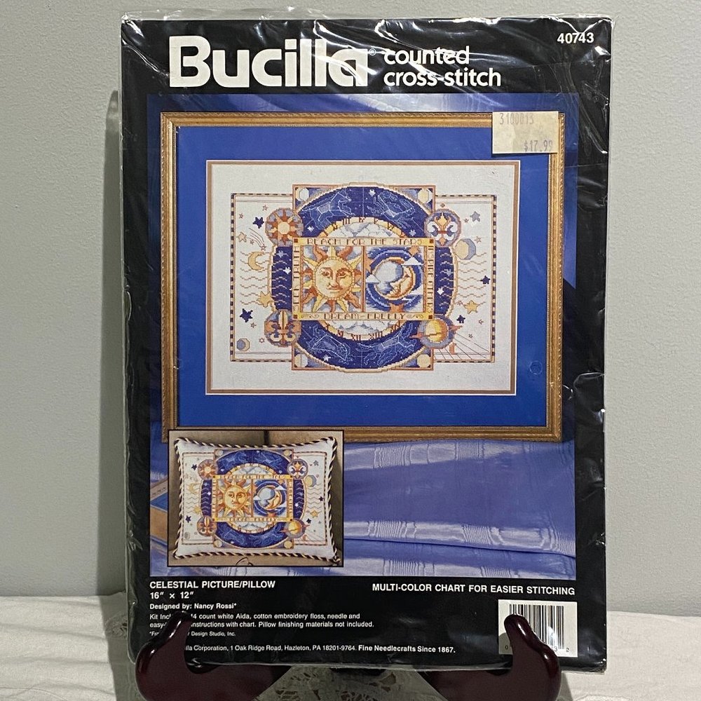 Vintage 1993 Bucilla 40743 Cross Stitch Kit Celestial Picture Pillow  16" x 12"